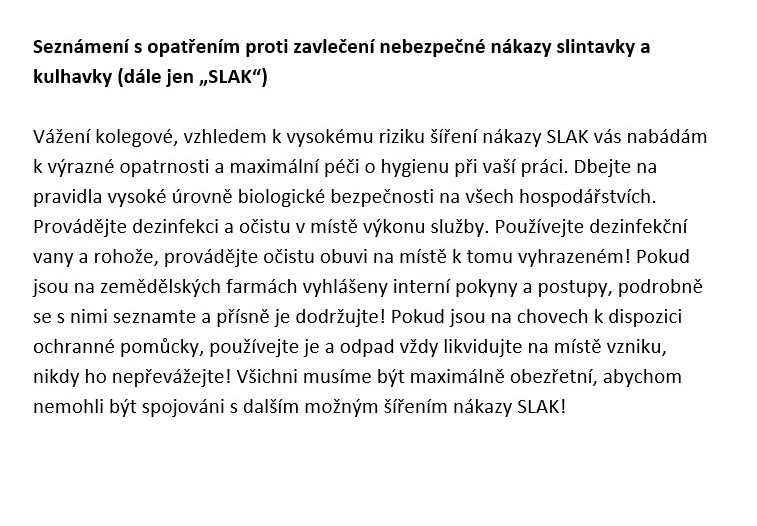 Seznámení zaměstnanců s opatřením proti zavlečení nákazy SLAK